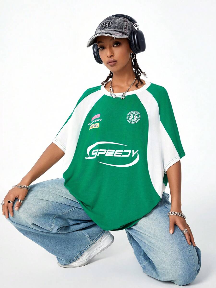 Coolane Áo thun in chữ cổ tròn tay ngắn màu cỡ lớn cho nữ - màu xanh lá - Xem 1