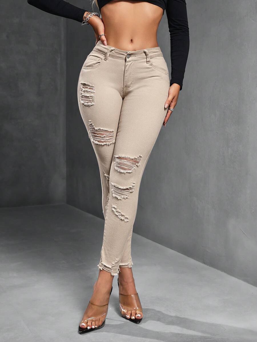 SHEIN SXY 女式休闲破洞紧身牛仔裤，带口袋