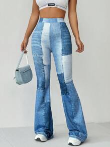 SHEIN Essnce 大码女式高弹力印花蓝色休闲裤，时尚