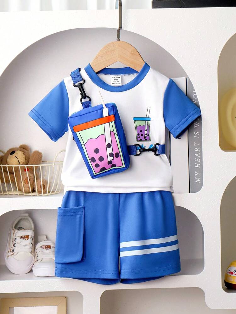 Baby Boys Summer New Fashionable Short Sleeve Top + Casual Shorts + Creative Bubble Tea Shaped Bag 3pcs/Set
