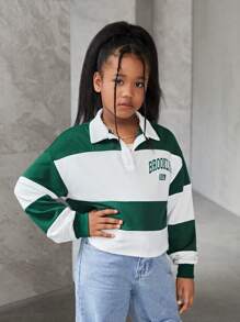 SHEIN NovaGlow Tween Girl Tween Girl Loose Casual Color Block Shirt Collar Letter Print Sweatshirt,In Fall/Winter