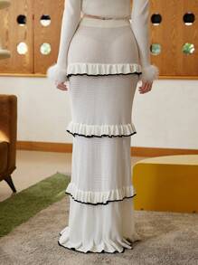 SHEIN MOD Women Black & White Ruffled Hem Sweater Maxi Skirt,Halloween Clothes,Fall Skirts,Beach Women Outfits,Old Money Outfits,Sexy Skirt,Homecoming Skirt,Elegant Skirt,Flowy Skirts,Date Night Skirt