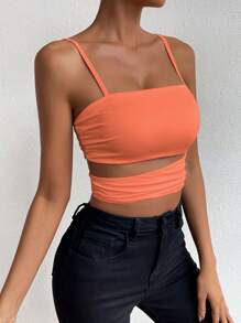 Allurite 女士纯色镂空修身细肩带背心，夏季 - 珊瑚粉 - 查看 3