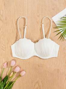 1 件装女士纯色仿珍珠装饰弧形边缘时尚比基尼上衣夏季 - 白色 - 查看 4