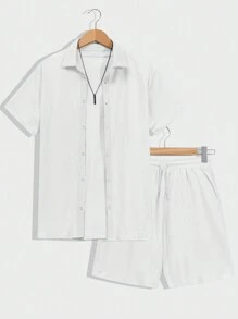 RueChic Men Special Fabric Regular Shirt & Short Two-Piece - White - View 1