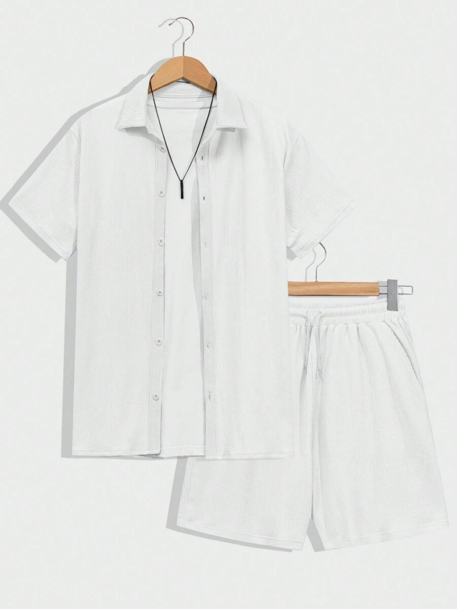 RueChic Men Special Fabric Regular Shirt & Short Two-Piece - White - View 1