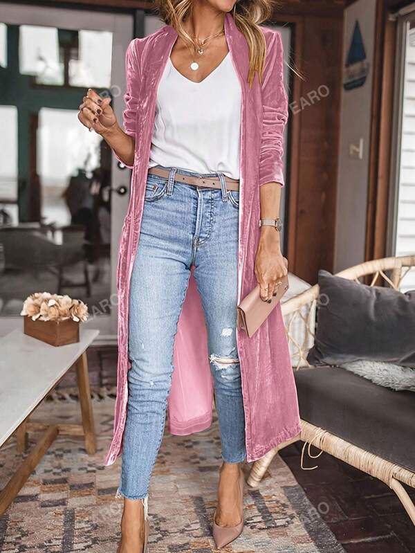 Cardigan lungo moda senza chiusura a tinta unita con maniche lunghe per donna, per primavera-autunno