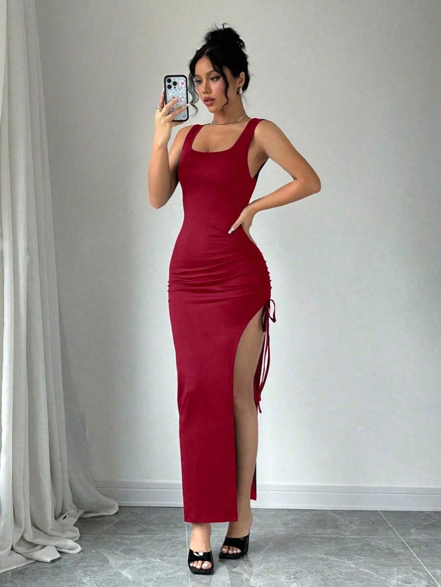 Chiquease 女式夏季休闲侧抽绳高开叉紧身针织连衣裙新年服装长款女装 - 紅色 - 查看 1
