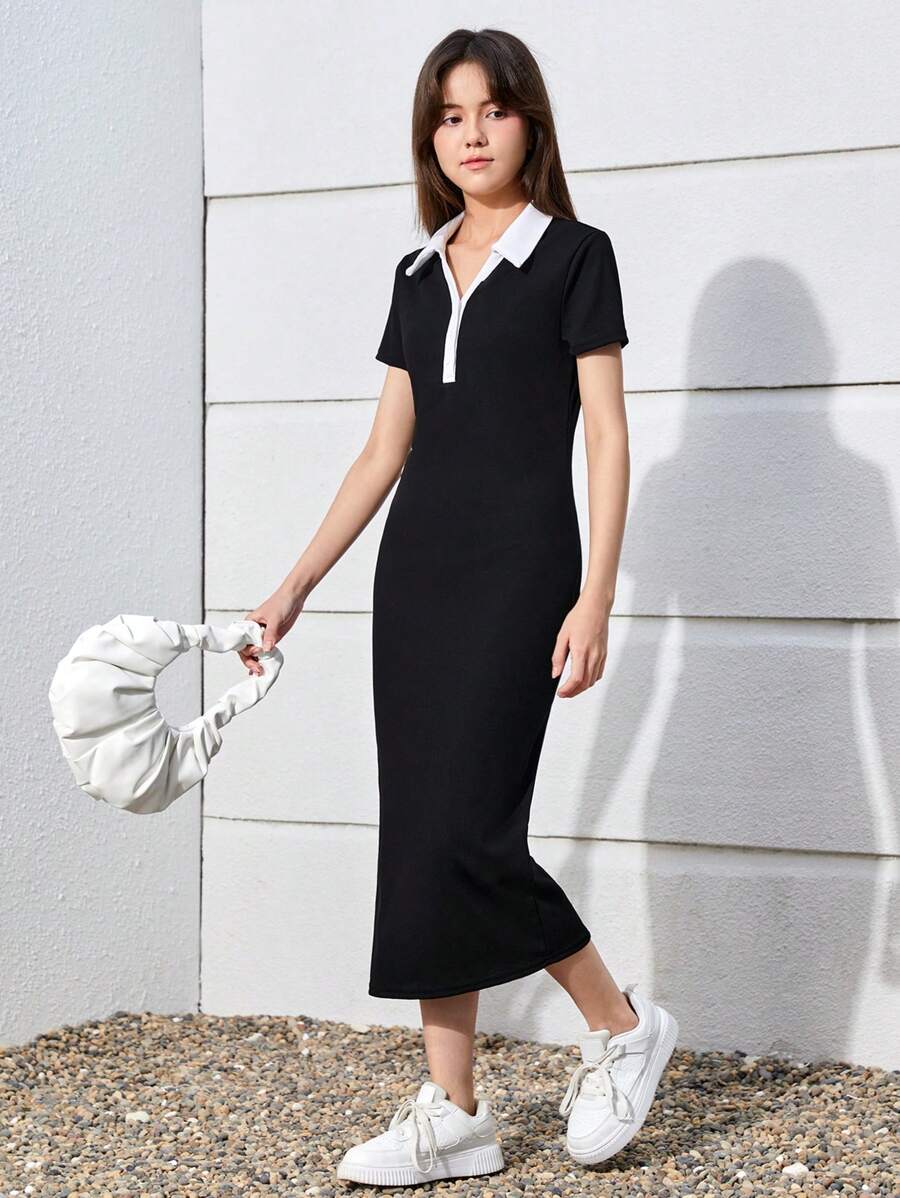 SHEIN Teen Girls Contrast Collar Button Front Dress - Black - View 1