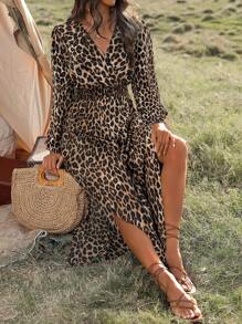 EMERY ROSE 女士 V 领长袖豹纹连衣裙，休闲和假日长款女装 - 彩色 - 查看 4