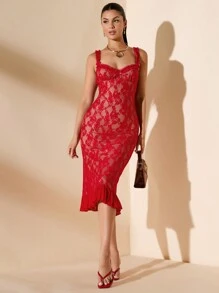 SHEIN BAE Women's Sexy & Elegant Crew Neck Bodycon See-Through Lace Dress