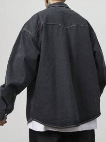 Manfinity EMRG Men's Washed Gray Denim Contrast Trim Loose Casual Raglan Baggy Shirt - Dark Grey - View 2