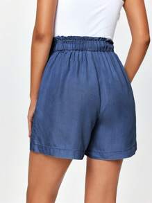 女士宽松荷叶边腰部休闲牛仔短裤 - 深色水洗藍 - 查看 2