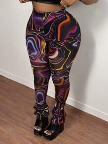 Slaydiva 街頭休閒露背彩虹波紋條紋雙層荷葉邊加大尺碼緊身褲女 - 彩色 - 查看 1