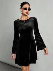 SHEIN Tall Váy ngắn tay dài hở lưng nhung đen cho nữ mùa thu phù hợp cho mùa thu đông - màu đen - Xem 6