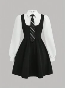 SHEIN Girlism Tween Girls 2 In 1 Long Sleeve Shirt Collar Dress With Tie, Preppy Uniform Style Back To School - Black - View 1