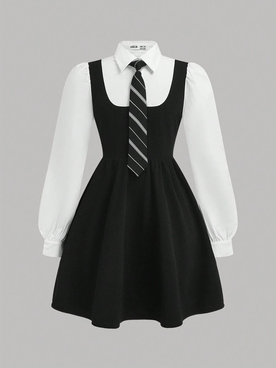 SHEIN Girlism Tween Girls 2 In 1 Long Sleeve Shirt Collar Dress With Tie, Preppy Uniform Style Back To School - Black - View 1