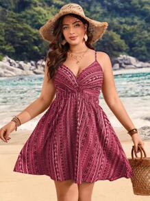 Breezaya Plus Size Spaghetti Strap Twist Knot Allover Print Fashionable Dress