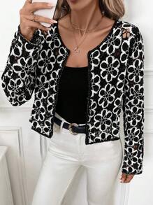 SHEIN Clasi Women's Black Crocheted Long Sleeve Sweater Fall Clothes Fall Jackets - Black and White - View 4