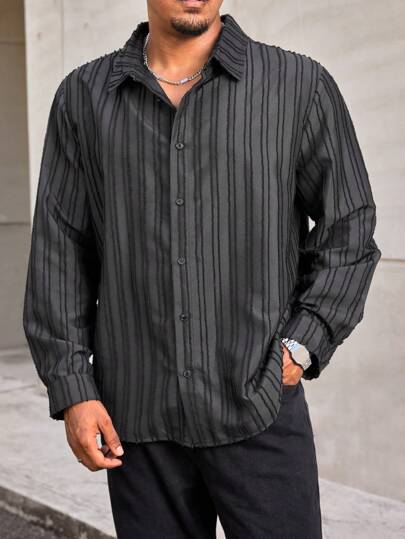 Manfinity Homme 大码男式条纹印花纽扣长袖衬衫