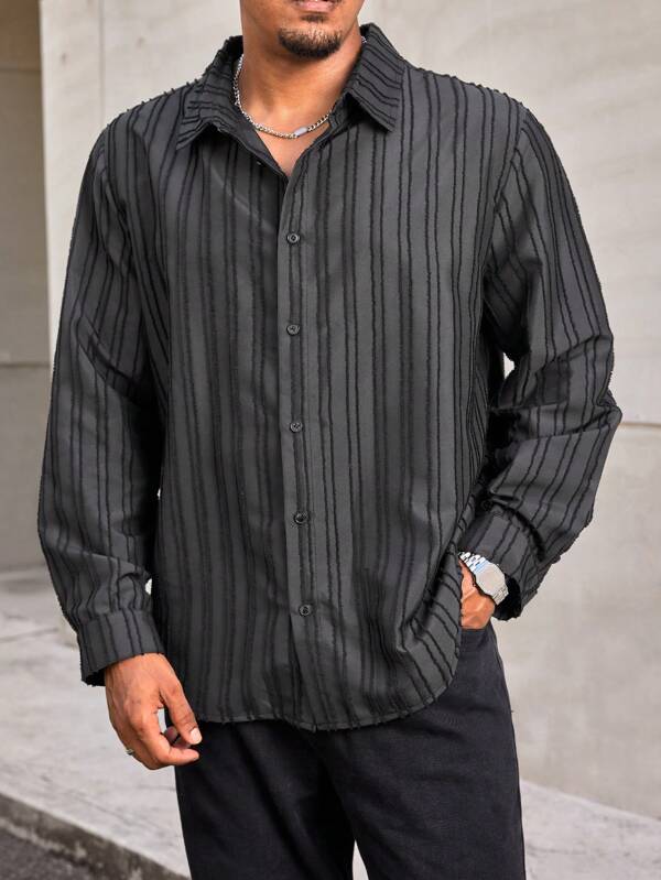 Manfinity Homme Plus Size Men's Striped Printed Button-Down Long Sleeve Shirt