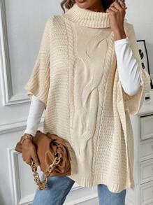 SHEIN ChicEase Suéter holgado casual con cuello alto, mangas de campana de raglan, detalle de giro y estampado floral, para primavera y otoño - Albaricoque - Ver 5