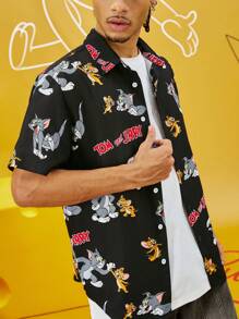 TOM & JERRY X SHEIN Men's Casual Loose Woven Cat & Mouse Logo Print Black Short Sleeve Shirt - Black - View 1