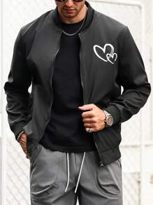Manfinity Homme Chaqueta de béisbol de manga larga con estampado de corazón para hombres, para primavera/otoño