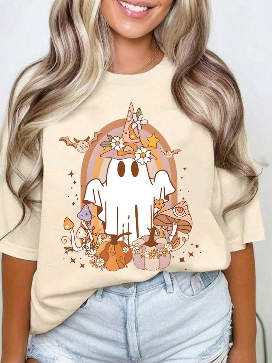 SHEIN Essnce 万圣节鬼魂印花圆领 T 恤、短袖休闲上衣，适合夏季和春季，女士服装 - 杏色 - 查看 1