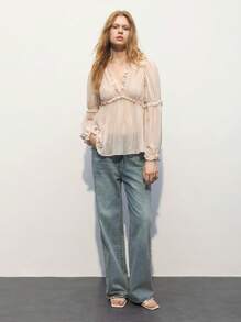 Maija Áo cánh nữ cổ chữ V xếp nếp Bohemian màu mơ, thích hợp cho bãi biển, ngày lễ, ngày lễ Thánh Patrick, lễ Phục sinh, lễ hội mùa xuân, lễ hội âm nhạc - Màu be - Xem 3