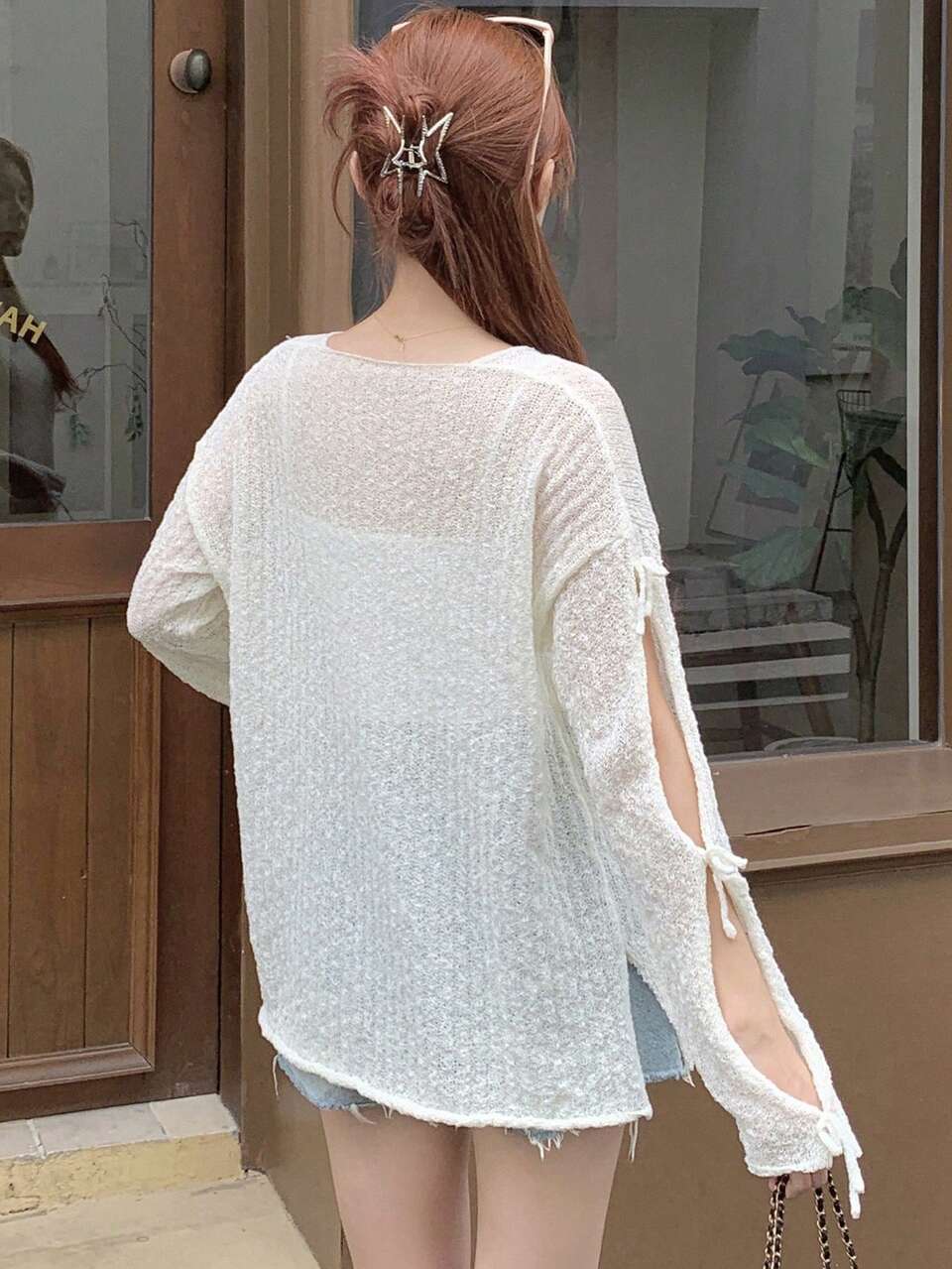 Women's Solid Color Loose Fit Long Sleeve V-Neck Sweater With Bow Sheer,Fall Clothes