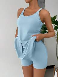 SHEIN EZwear Summer Women Plus Size Solid Color Sleeveless Slip Dress With Built-In Shorts, Casual Everyday Wear Baby Blue Dress Women