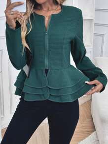 SHEIN Clasi 女式纯色圆领长袖拉链夹克，带荷叶边下摆，春秋季 - 墨綠色 - 查看 6