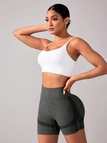 SHEIN Basic High-Elasticity Seamless Tummy Control Yoga Shorts With Wide Waistband, Compression For Buttocks - Grey - View 6