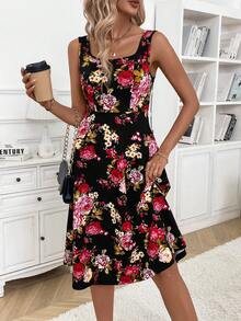 SHEIN Clasi Women's Floral Print Sleeveless Square Neck A-Line Dress - Black - View 4