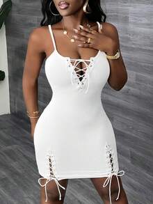 Slaydiva Vestido mini ajustado de Body con telas acanaladas con tirantes - Blanco - Ver 5