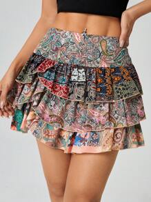 SHEIN PETITE Váy mini xếp tầng cho ngày lễ dành cho nữ, họa tiết Paisley, váy ngắn - Nhiều màu - Xem 5