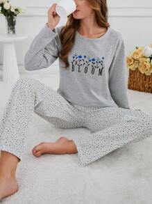 RueChic Cotton 2pcs Contrast Colour Flowers Detail PJ Set - Grey - View 4