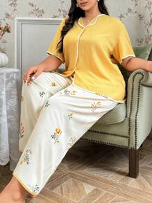CottageSlumber Plus Size Women's Solid Color Top & Floral Printed Pants Pajama Set - Yellow - View 8