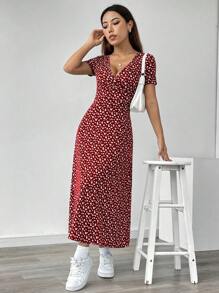 SHEIN Unity Ladies' V-Neck Ditsy Floral Short Sleeve Casual Summer Dress (Random Cut) Maxi Women Outfit - Multicolor - View 3