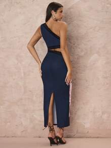 Glamine Vestito asimmetrico con scollo scavato, in pizzo floreale e patchwork sexy - Blu Navy - Visualizzare 2