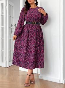 SHEIN Frenchy Plus Size Women's Tea Party, Homecoming, Fall Women's Long Sleeve Dresses, Long Dresses, Fall Clothes, Bridgerton Style, Ditsy Floral Crew Neck Long Sleeve Dress,Beach Dress Sundress,Holiday Outfits Boho