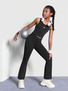 SHEIN Tween 女童针织纯色字母印花背心和喇叭裤运动套装 - 黑色 - 查看 4