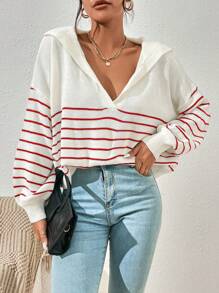 SHEIN Essnce V-Neck Long Sleeve Striped Minimalist Casual Blouse,Long Sleeve Tops In Fall/Winter - Red and White - View 5