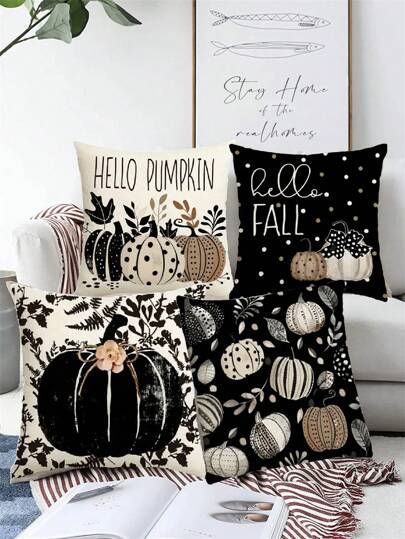 4 piezas Fundas de cojín con hojas de calabaza negras Hello, 18 x 18 pulgadas, decoraciones de otoño, Acción de Gracias, cosecha, lunares para decoración de sofá
