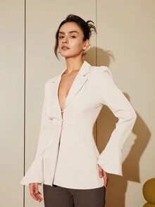 SHEIN Black Friday x Star Picks 女款收腰平領極簡風喇叭袖襯衫，休閒日常穿著，夏季長袖上衣，商務休閒春季款 - 白色 - 查看 6