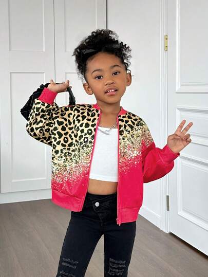 SHEIN Young Girl Faux Pearls Decor Fashion Print Baseball Jacket