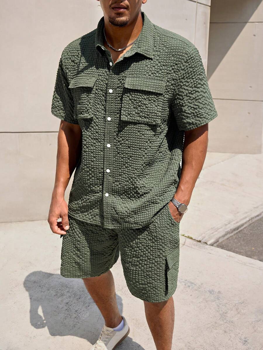 Manfinity CasualMax Plus Size Men's Solid Color Cargo Pocket Short Sleeve Shirt And Shorts Casual Set, Summer - Army Green - View 1