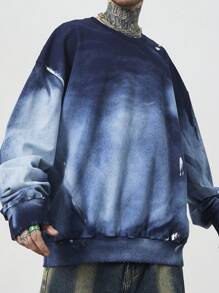 Manfinity Roghcode 复古 Y2K 超大款浅蓝色做旧洗水宽松圆领男式运动衫 - 淺色水洗藍 - 查看 1
