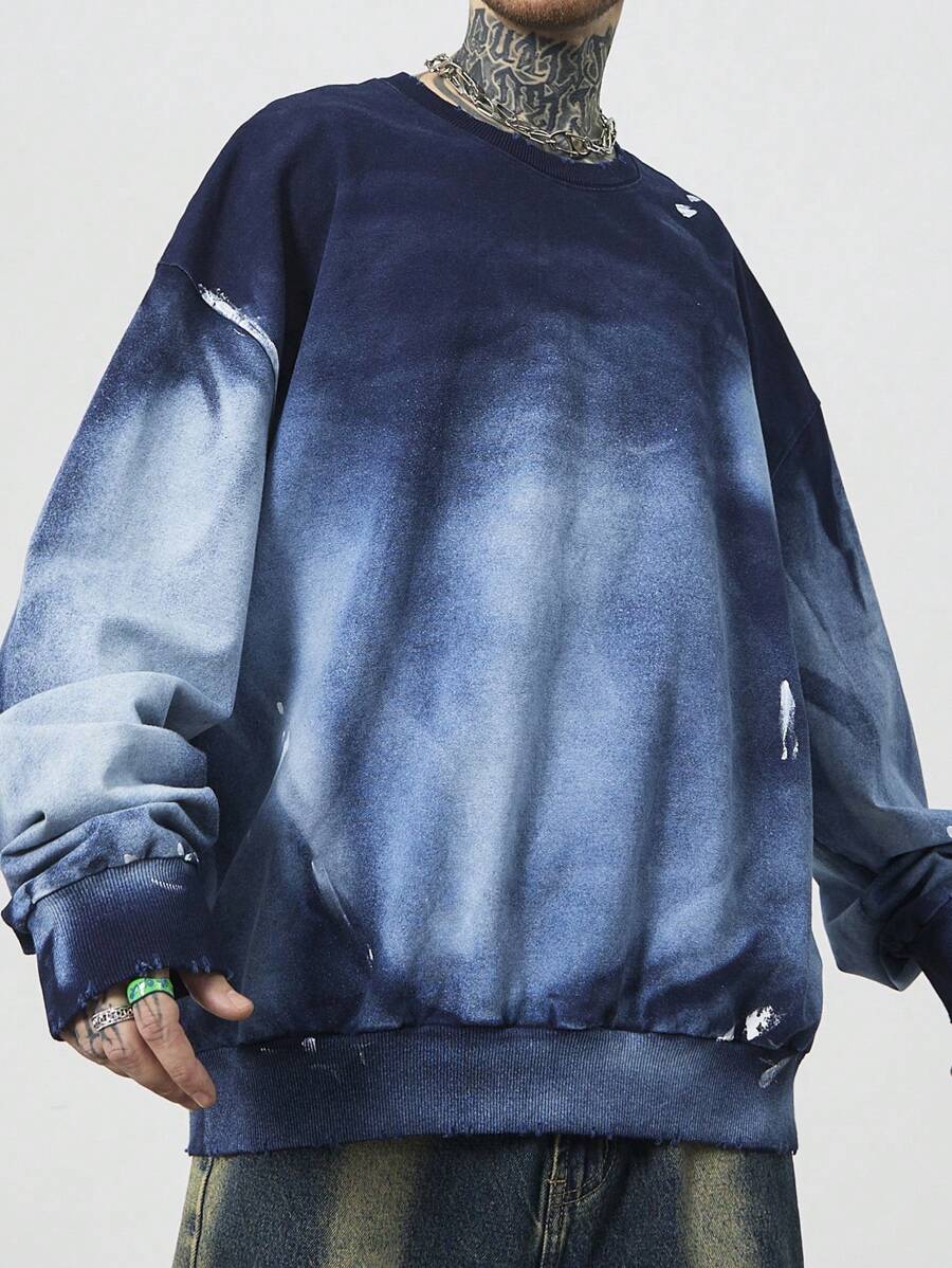 Manfinity Roghcode 复古 Y2K 超大款浅蓝色做旧洗水宽松圆领男式运动衫 - 淺色水洗藍 - 查看 1